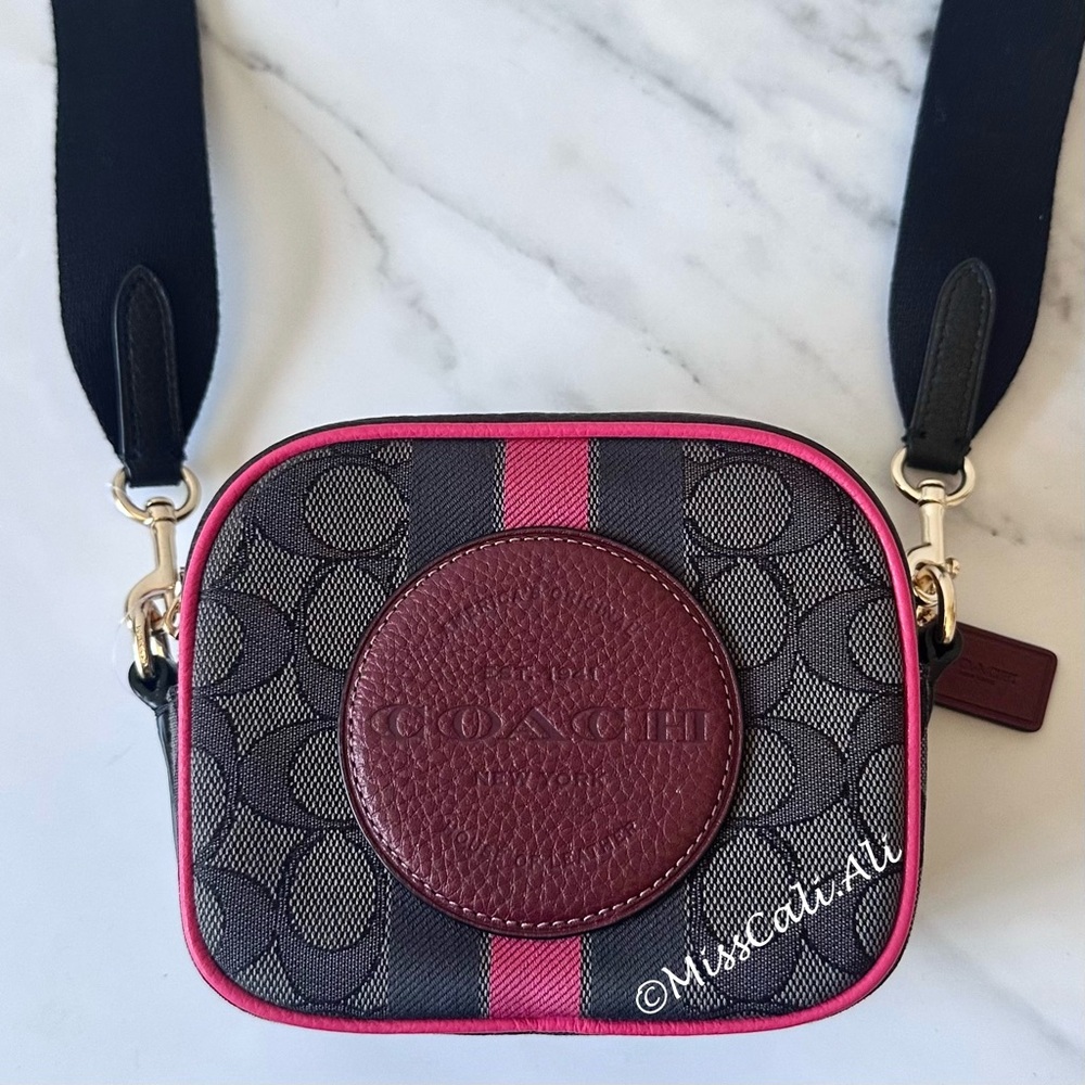 NWT COACH Mini Dempsey Camera Bag Signature Jacquard with Stripe Coach Patch